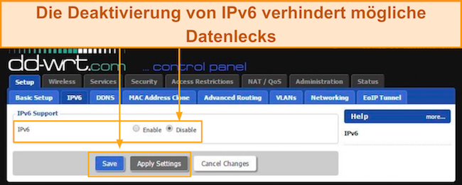Screenshot der Deaktivierung der IPv6-Unterstützung über das Kontrollfeld von DD-WRT