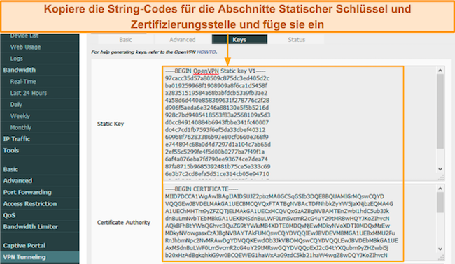 Screenshot von Zeichenfolgencodes, die aus der Konfigurationsdatei des NordVPN-Servers in die Abschnitte „Statischer Schlüssel“ und „Zertifizierungsstelle“ im Abschnitt „OpenVPN-Client“ des Tomato-Routers kopiert wurden