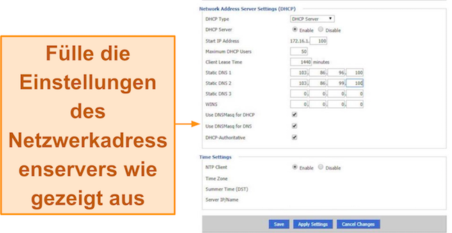 Screenshot des Ausfüllens des Abschnitts „Netzwerkadressservereinstellungen (DHCP)“ zum Einrichten von NordVPN auf DD-WRT-Routern