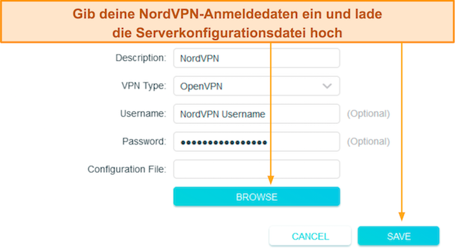 Screenshot des Hochladens der Serverkonfigurationsdatei von NordVPN im Abschnitt „Profil hinzufügen“ von TP-Link