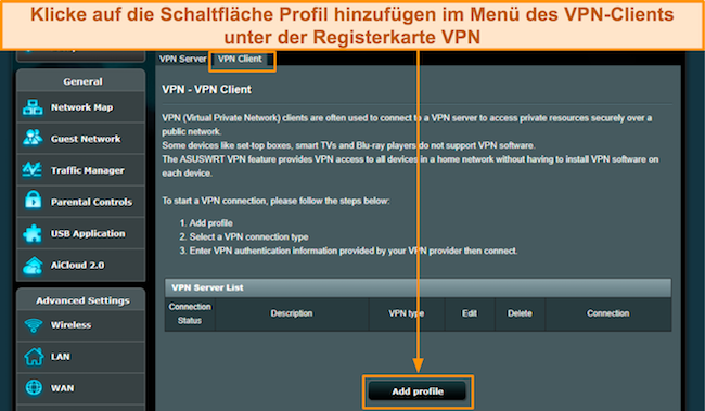 Screenshot der VPN-Client-Seite des ASUS-Routers