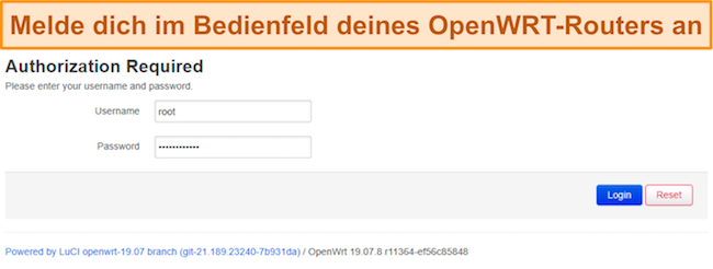 Screenshot der Router-Anmeldeseite von OpenWRT