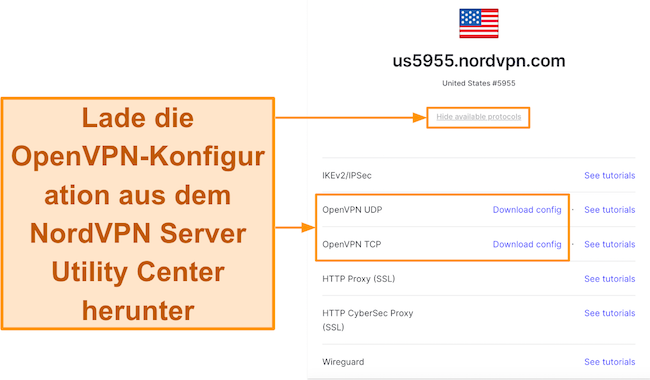 Screenshot, wie man die OpenVPN-Konfigurationsdateien von NordVPN von der Server-Dienstprogrammseite herunterlädt