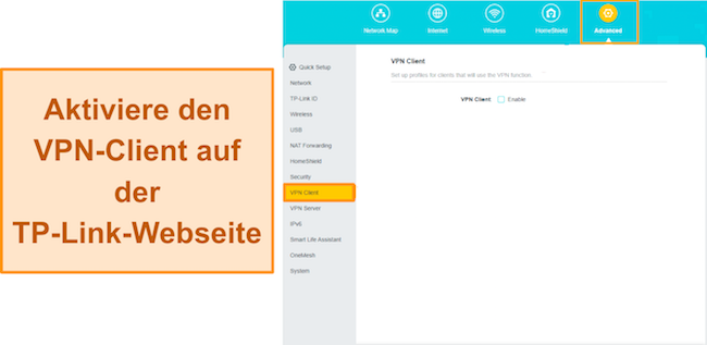 Screenshot der Aktivierung des VPN-Clients über die Systemsteuerung des TP-Link-Routers auf der Registerkarte „Erweitert“.