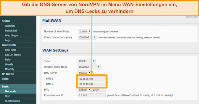 Screenshot, wie man die DNS-Server von NordVPN zu den WAN-Einstellungen des Tomato-Routers hinzufügt, um mögliche DNS-Lecks zu verhindern