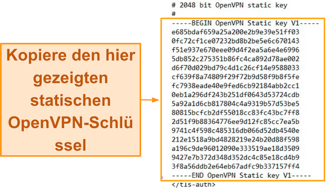 Screenshot des OpenVPN Static Key V1-Codes in seiner Konfigurationsdatei beim Öffnen über Notepad