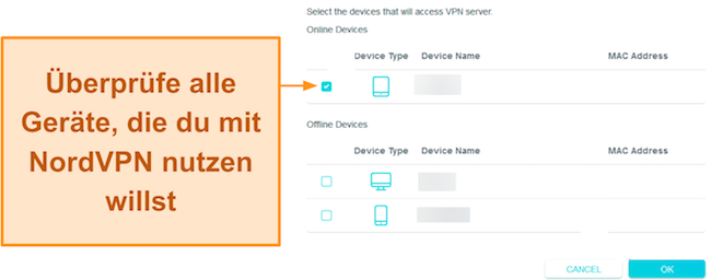 Screenshot zur Auswahl der Geräte, die über den TP-Link-Router auf NordVPN zugreifen können