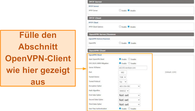 Screenshot der Konfiguration, die zum Einrichten von NordVPN auf der DD-WRT-Routerseite erforderlich ist