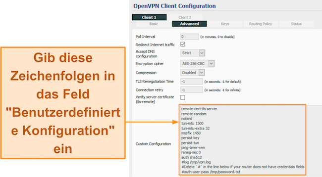 Screenshot der Eingaben im Feld „Benutzerdefinierte Konfiguration“ auf der Registerkarte „Erweitert“, wenn Sie den OpenVPN-Client auf einem Tomato-Router konfigurieren
