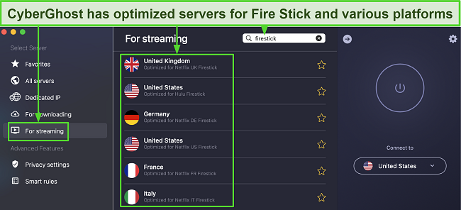 Screenshot of CyberGhost's list of streaming-optimized servers for Fire Stick
