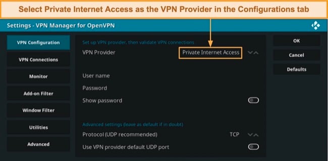 Screenshot of how to add PIA on Kodi's VPN Configurations page