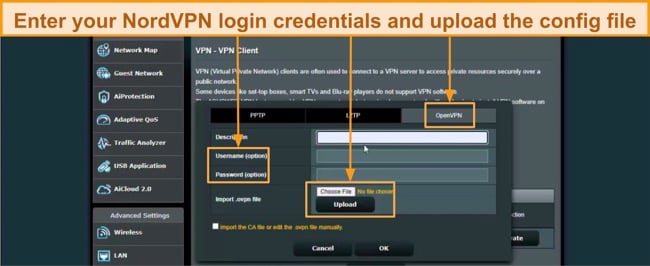 N profile on router and upload the server config file