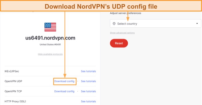 Screenshot of NordVPN's OpenVPN UDP config file for a US server