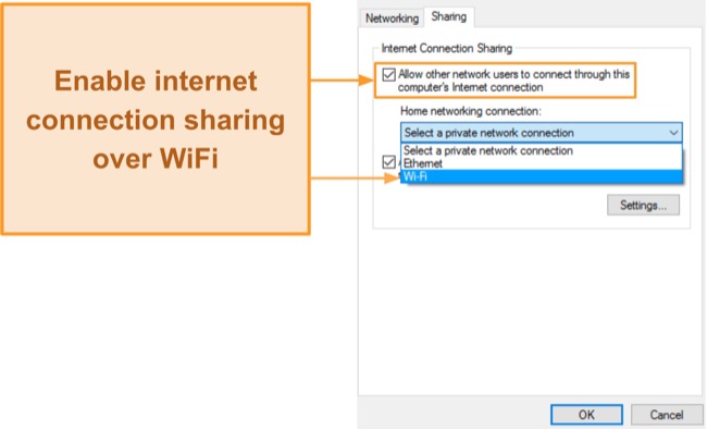 Screenshot of the Internet Connection Sharing menu on Windows and how to enable it