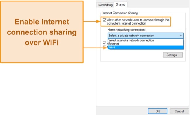 Screenshot of the Internet Connection Sharing menu on Windows and how to enable it