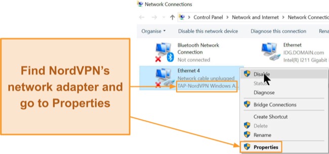Screenshot of NordVPN's network adapter displaying on Windows Network Connections control panel