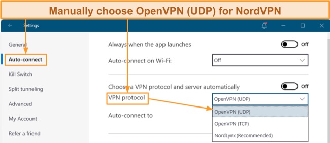 Screenshot of how to change NordVPN's VPN protocol to OpenVPN (UDP)