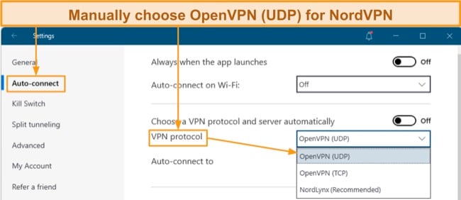 Screenshot of how to change NordVPN's VPN protocol to OpenVPN (UDP)