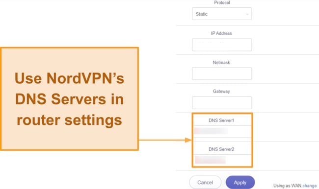 Screenshot of entering NordVPN's DNS server addresses on router's control panel