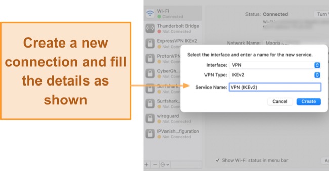 Screenshot of creating a new connection on Mac from the Network control panel