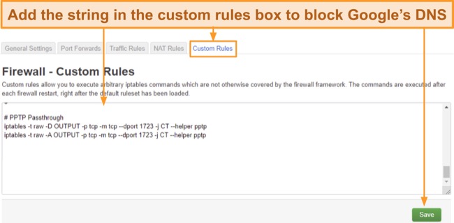 Screenshot of how to block Google's DNS on router's custom firewall settings