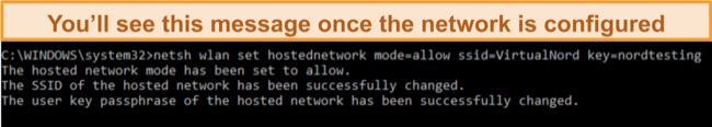 Screenshot of command prompt showing how to successfully configure shared network settings