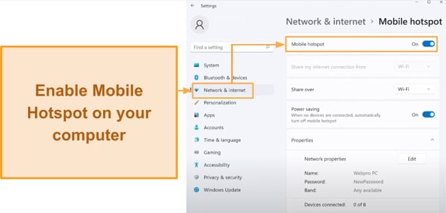 Screenshot of how to enable Mobile Hotspot on Windows