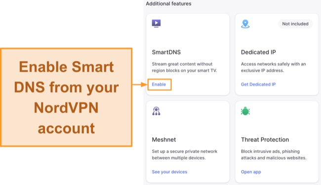 Screenshot of how to enable SmartDNS on Nord Account