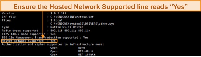 Screenshot of Windows command prompt showing hosted network supported status