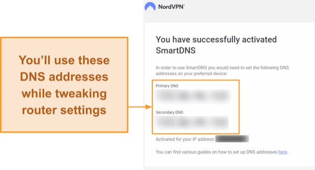 Screenshot of NordVPN's confirmation email after enabling Smart DNS from Nord Account