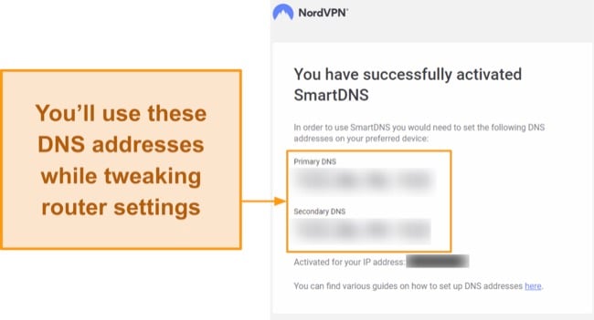 Screenshot of NordVPN's confirmation email after enabling Smart DNS from Nord Account