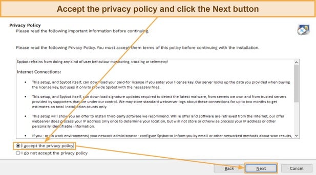 Screenshot showing the license agreement during Spybot's setup