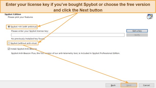 Screenshot showing the license activation phase of Spybot's setup