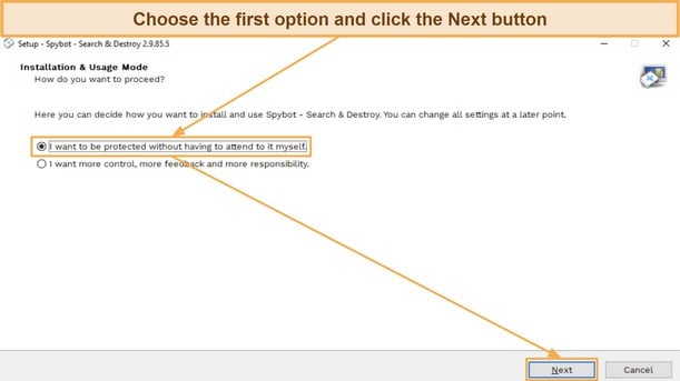 Screenshot showing installation preferences at the beginning of Spybot's setup