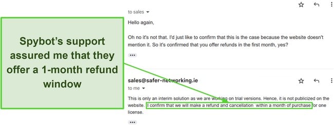Screenshot of a conversation with Spybot's email support about their refund policy