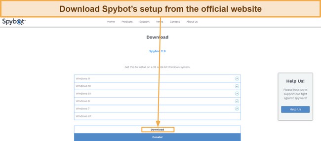 Screenshot showing how to download Spybot's setup