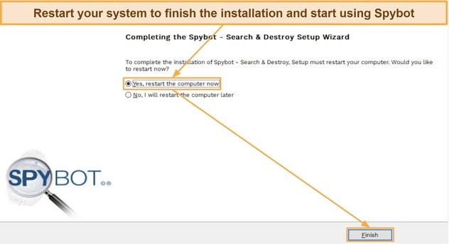 Screenshot showing how to finish Spybot's setup