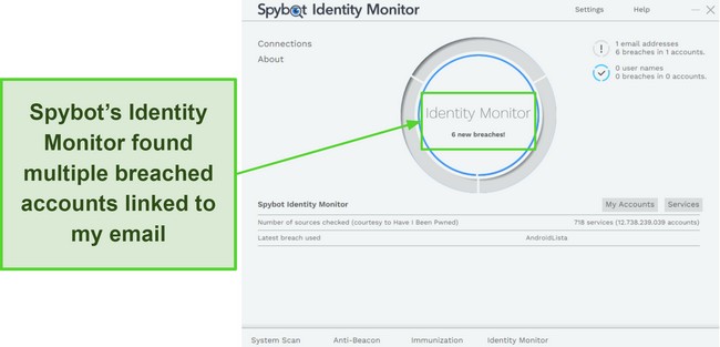 Screenshot of Spybot's Identity Monitor highlighting breached emails