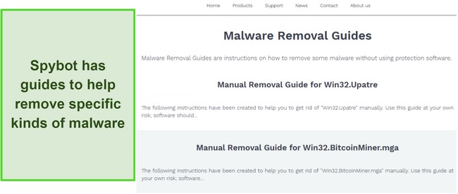 Screenshot showing the malware removal guides in Spybot's help section