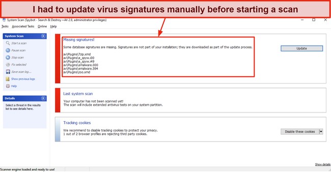 Screenshot showing Spybot asking to update virus signatures before a scan