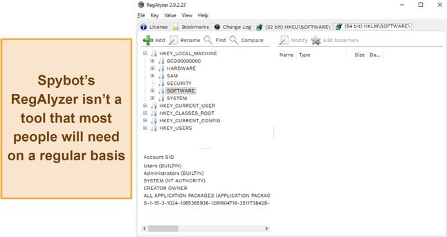 Screenshot of Spybot's RegAlyzer interface