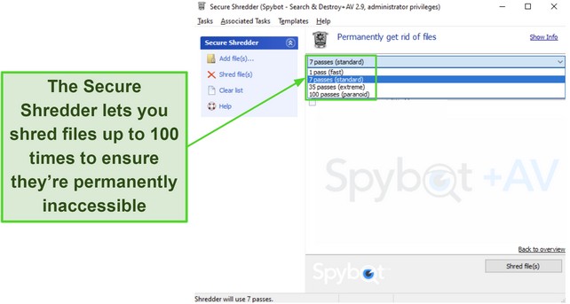Screenshot of the available options in Spybot's Secure Shredder