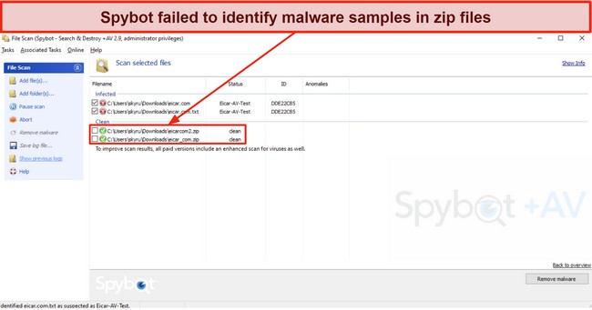 Screenshot showing Spybot's scan failing to detect malware in zip files