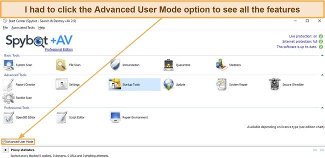 Screenshot showing how to display all of Spybot's available features