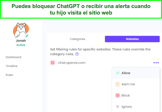 El filtro web le permite administrar lo que sucede cuando su hijo visita ChatGPT