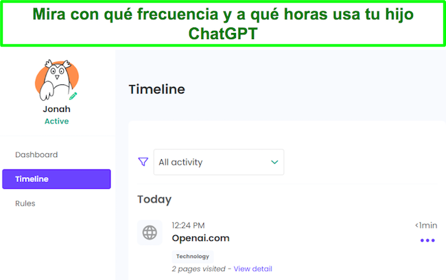 Utilice la línea de tiempo para ver cuándo su hijo ingresa a ChatGPT