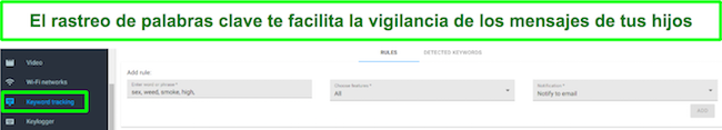 Captura de pantalla de seguimiento de palabras clave de control parental
