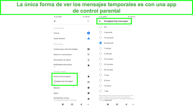 La aplicación de control parental puede ver una captura de pantalla de una conversación secreta en Messenger