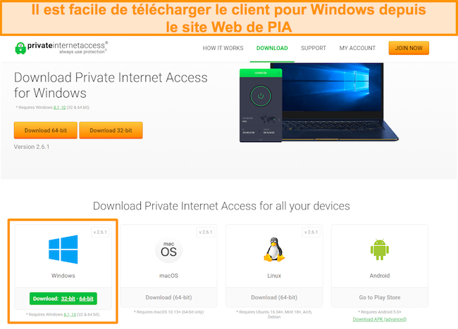 capture d'écran du site Web de PIA avec une variété de téléchargements pour différents systèmes d'exploitation