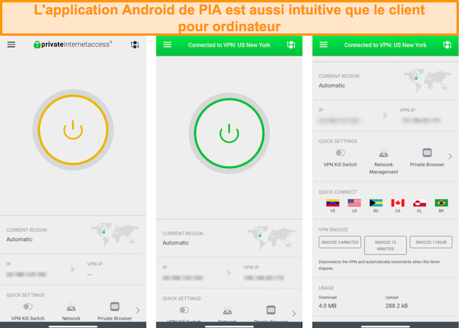 capture d'écran de différents écrans de l'application PIA Android